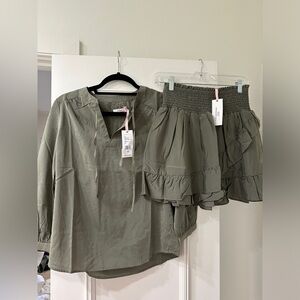 Vineyard Vineyard Olive green matte satin Savannah popover top/ matching skirt